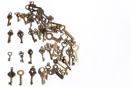 Group of diverse keys on a white background, home concept