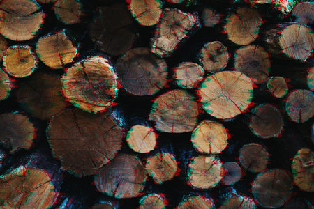 Old dry round firewood in glitch effect