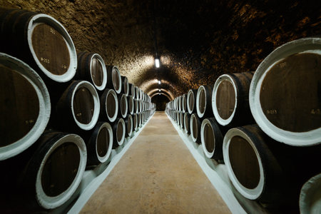 Old oak wine barrels in the cellar of the winery