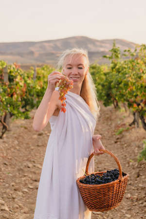 Girl in a hat and dress with a bouquet of poppies in a poppy fieldの写真素材