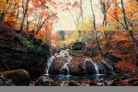 Waterfall in autumn forest with red foliageの写真素材
