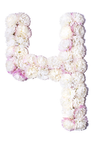 Arabic numerals from white chrysanthemums on white background, isolateの写真素材