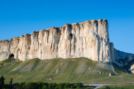 White rock mountain range in Crimea on a sunny spring day, beautiful landscapeの写真素材