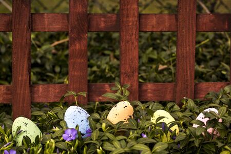 Colorful Easter eggs with flowers in green grass