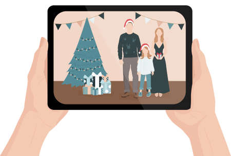 Christmas or New Year video call. People on tablet screens have an online Christmas party. Vector illustrationのイラスト素材