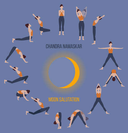 Yoga complex Salutation to the Moon. Colorful vector illustration of woman practicing Chandra Namaskar with the moon in the background. Yoga poses set.