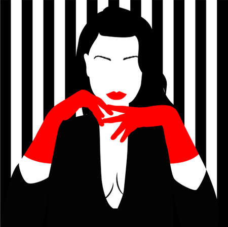 Beautiful black and white full face of the young women with red lips and red gloves.のイラスト素材