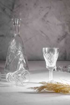 A decanter and two shot glasses lit by the bright sun on the light backround casting a shadow. Copy...