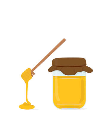 Vector flat illustration of honey dipper and flowing honey isolated on the white background. Natural medicine. iconのイラスト素材