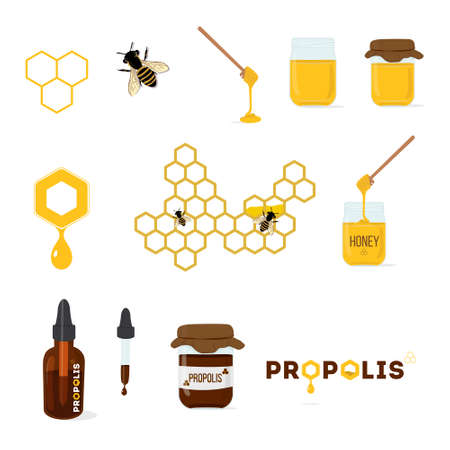 Vector set of color icons isolated on the white background. Propolis bottle dropper, honey dipper, honey jarのイラスト素材