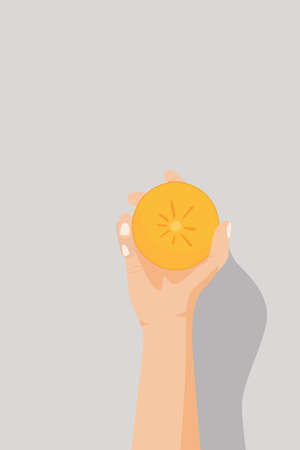 Hand holding fruit persimmon isolated on the light background. Vector illustration. EPS 10のイラスト素材