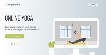 Yoga woman. Online practicing yoga, online lesson. illustrationの写真素材