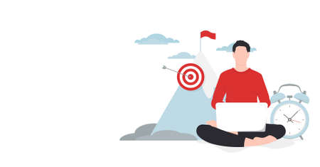 Self-discipline and time management concept. Man with a laptop workoing or studying concept. Vector illustrationのイラスト素材