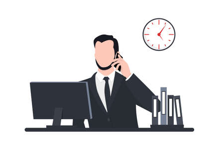 A man in a suit speaks on the phone. A worker in the office with computer. Businessman icon isolated on white background. Vector illustrationのイラスト素材