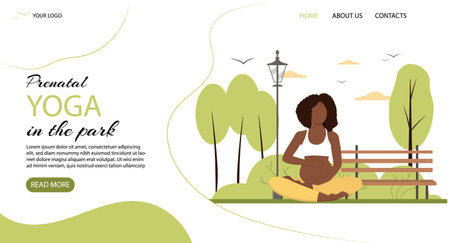 Yoga vector banner with black pregnant woman practicing yoga at the park. Healthy pregnancy concept. Vector illustrationのイラスト素材