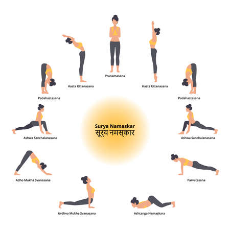 Surya Namaskar vector illustration. Set of yoga poses. Woman yogaのイラスト素材