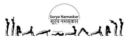 Silhouette fit woman practice yoga. Sun salutation copmlex on the Sanskrit. Vector illustrationのイラスト素材