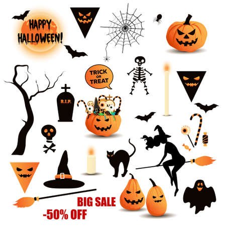Set of multicolored vector illustrations for Halloween,のイラスト素材