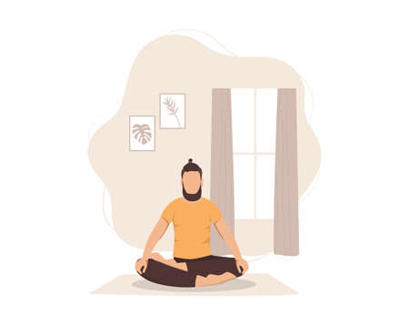 The man sits in the lotus position. The concept of breathing and tranquility. Vector illustrationのイラスト素材
