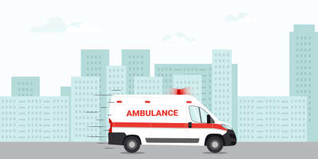 Ambulance emergency car driving on the road in the city. First aid car. Vector illustration, eps 10のイラスト素材