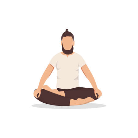 Man hipster sitting in lotus pose, practicing yoga, isolated on white background. Vector illustrationのイラスト素材
