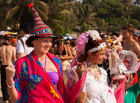  Arambol, Goa - February 5, 2013   Two unidentified women in carnival costumes at the annual festival of Freaks, Arambol beach, Goa, India, February 5, 2013のeditorial素材