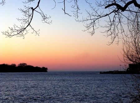 Mouth of Niagara River and Lake Ontario at Sunsetの写真素材