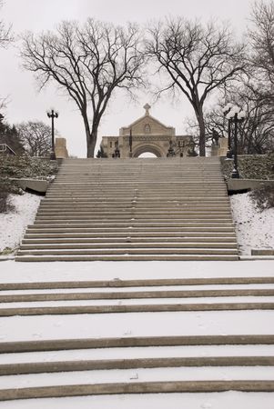 Looiking up stairs to historic St Boniface Cathedralの写真素材