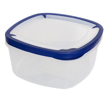 A plastic transparent food container with a blue coverの写真素材