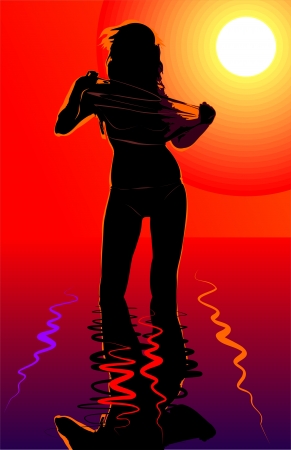 Girl undressing in the water at sunsetのイラスト素材