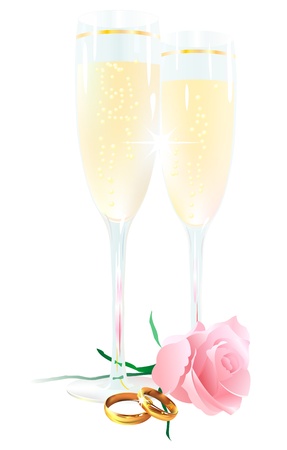 Two glasses of champagne, roses and rings on a white backgroundのイラスト素材