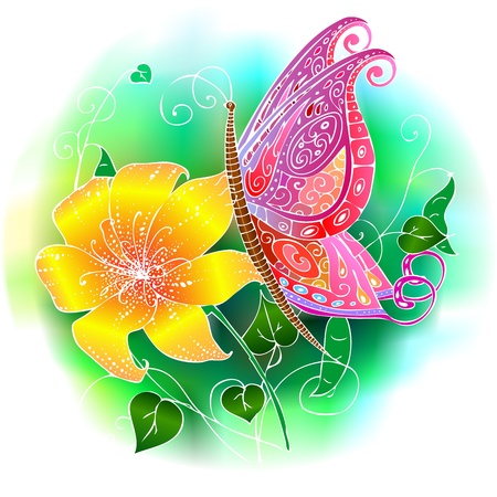 Bright pink butterfly sitting on yellow flowerのイラスト素材