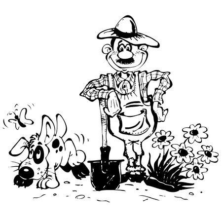 Sketch with the gardener and his dogのイラスト素材
