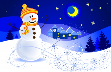 Snowman in the night of the winter landscapeのイラスト素材