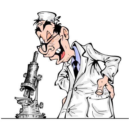 Cheerful cartoon scientist looking through a microscopeのイラスト素材