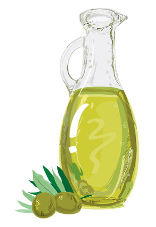 Vector illustration. Green olives with bottle of olive oilのイラスト素材