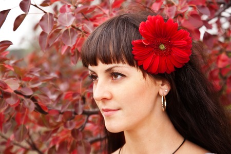 Portrait of a beautiful brunette on a background of red leavesの写真素材