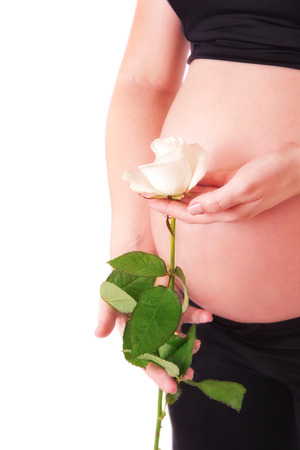 Pregnant belly and flower.  Isolated on white backgroundの写真素材