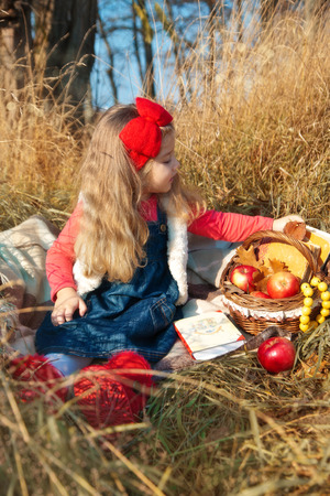 Little girl on nature with a basket of fruit and booksの写真素材