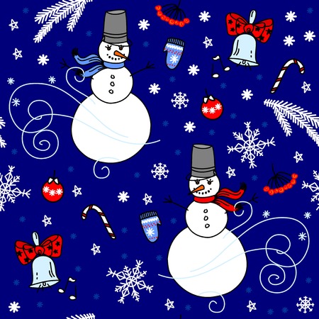 Winter seamless background with snow and snowmenのイラスト素材