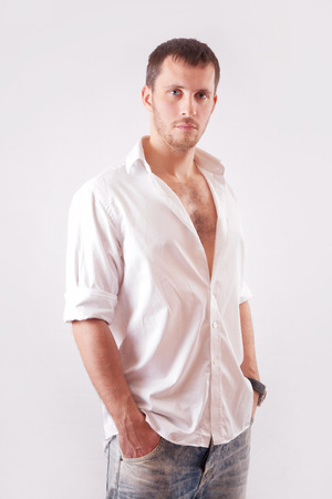 Man with white shirt over white backgroundの写真素材