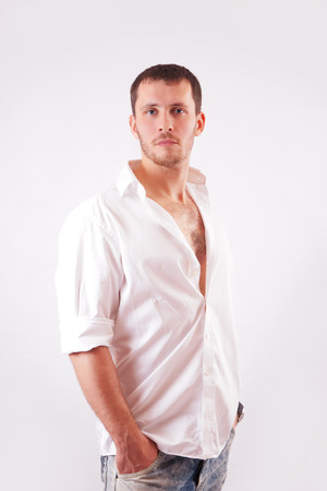 Man with white shirt over white backgroundの写真素材