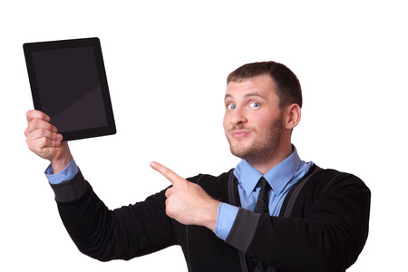 A man with a clipboard in his hand and raised his finger up, isolated on whiteの写真素材