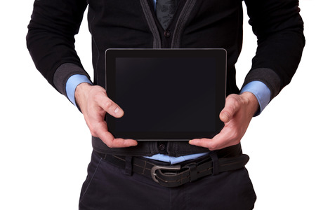 Businessman holding digital tablet, isolated on white backgroundの写真素材