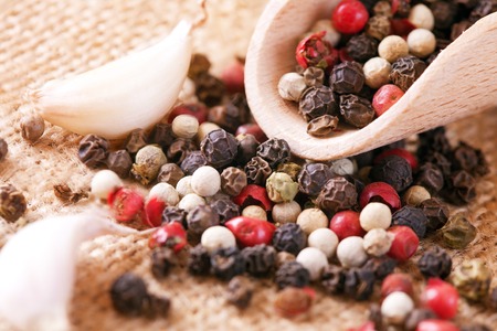 Red, white and black pepper and garlic in a wooden spoonの写真素材