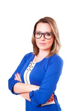Portrait of a woman in glasses and blue dress, isolated on white backgroundの写真素材