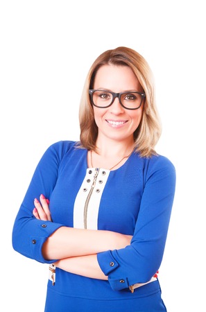 Portrait of a woman in glasses and blue dress, isolated on white backgroundの写真素材