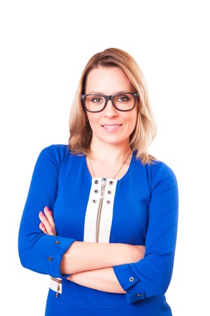 Portrait of a woman in glasses and blue dress, isolated on white backgroundの写真素材