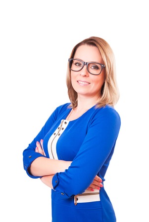 Portrait of a woman in glasses and blue dress, isolated on white backgroundの写真素材