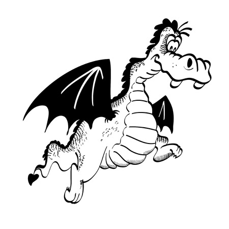 Black and white illustration of a happy cartoon dragon, isolated on a white background.のイラスト素材